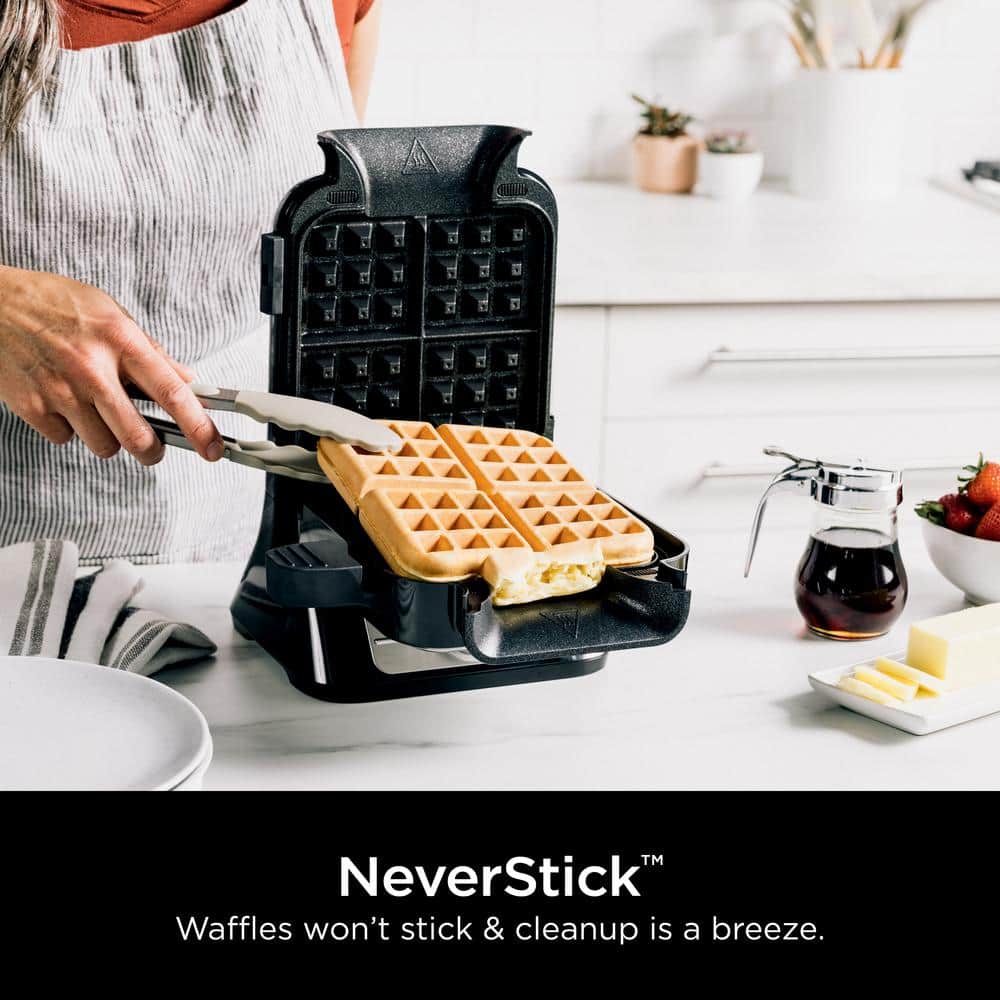 Black and Stainless Steel Belgian Waffle Maker with Non-Stick Plates