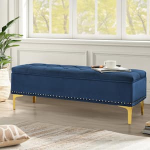 Mondo Royal Blue Velvet Modern Storage Bench with Wood Frame and Gold Metal Leg End of Bed Storage Ottoman