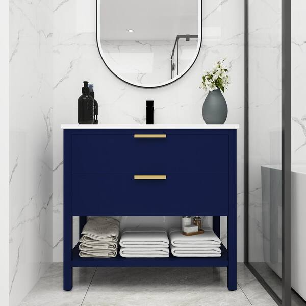 36 in. W x 18.3 in. D x 33.5 in. H Single Sink Freestanding Bath Vanity in Navy Blue with White Resin Top