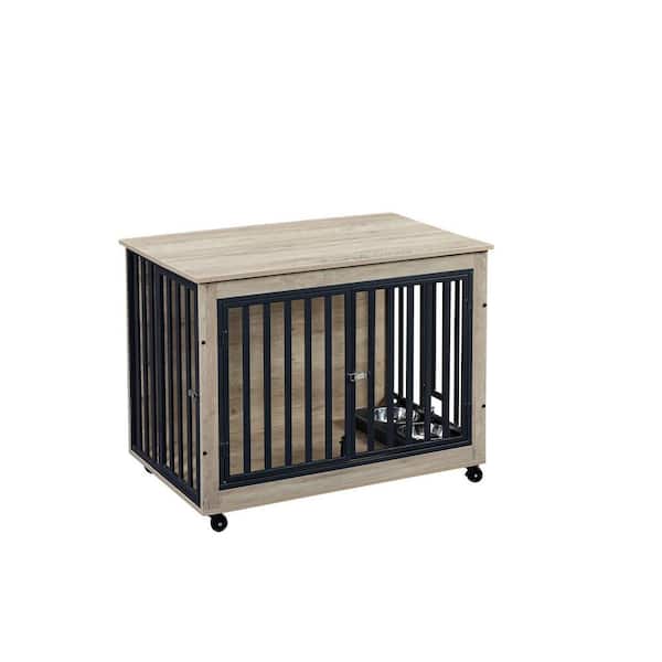 Miscool Anky Furniture Style Dog Crate Side Table With Feeding Bowl, Wheels, Three Doors, Flip-Up Top Opening in Gray