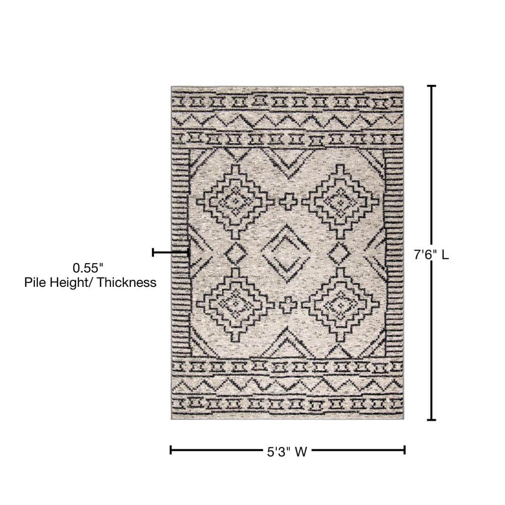 Gray and Black Rectangular Synthetic Southwestern Area Rug