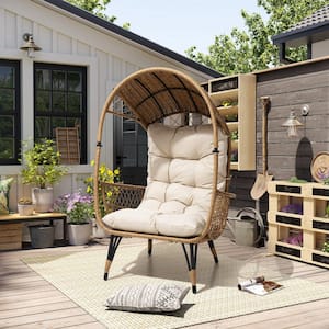 Light Brown Wicker Stationary Outdoor Egg Chair with Removable Beige Cushion