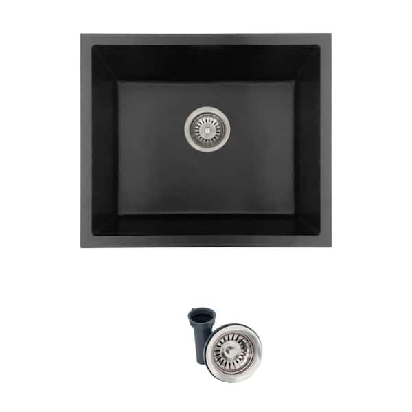 Dual-Mount 22 in. Matte Black Composite Granite Single Bowl Kitchen Sink with Strainer