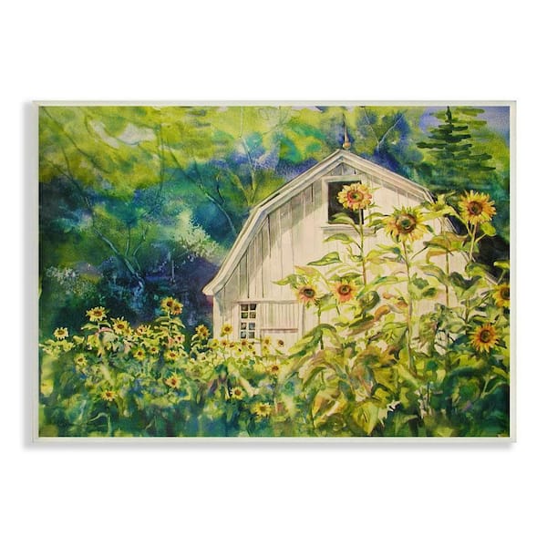 The Stupell Home Decor Collection Peaceful Sunflower Field Countryside Woodlands Barn by MB Cunningham Unframed Architecture Art Print 19 in. x 13 in.