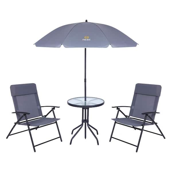 4-Piece Patio Table and Chairs, 1 Glass Table, 2 Folding Chairs and Tilt Umbrella Patio Set (Grey)
