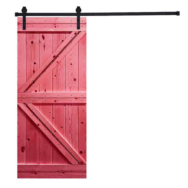 AIOPOP HOME Modern K-Bar Series 36 in. x 84 in. Scarlet Red stained Knotty Pine Wood DIY Sliding Barn Door with Hardware Kit