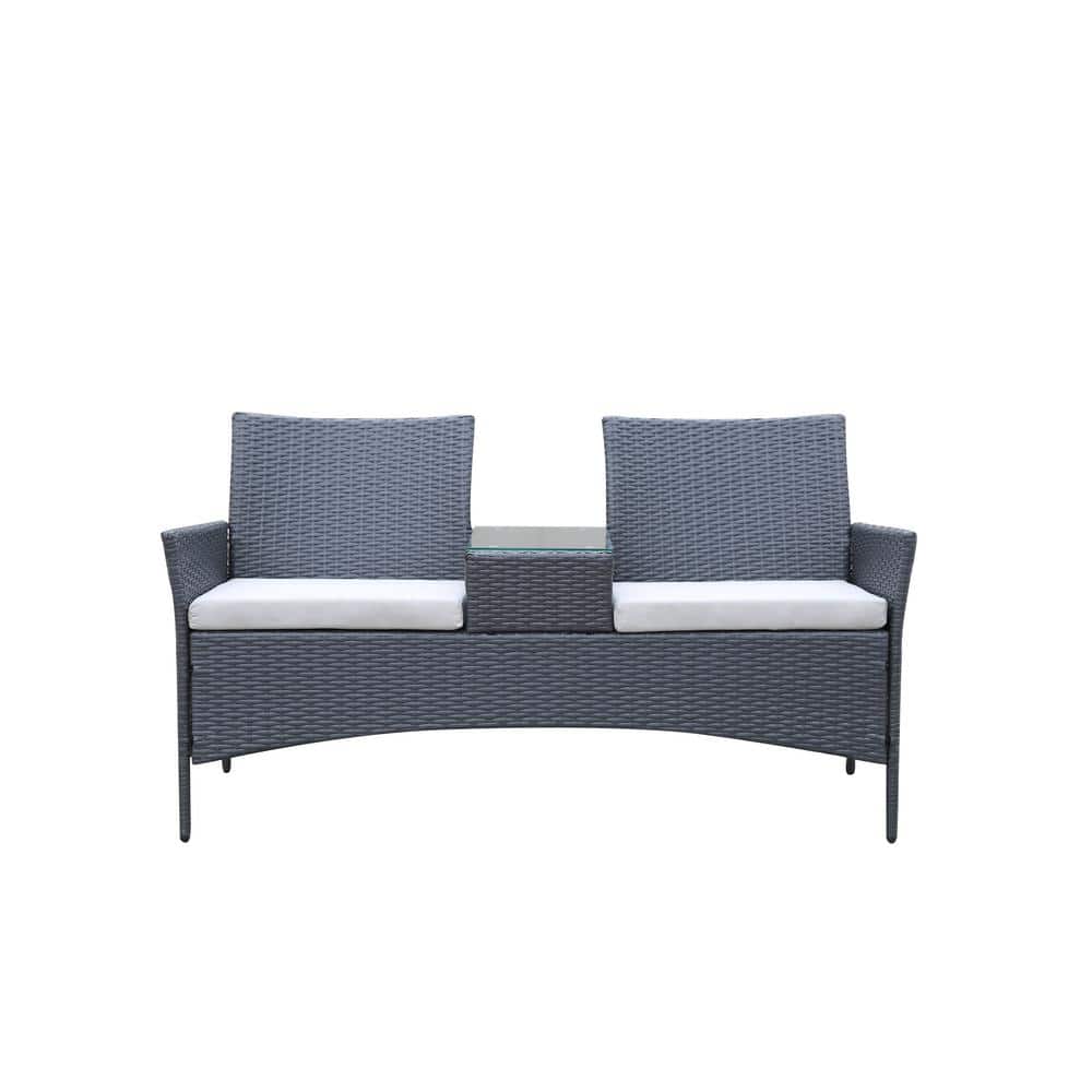 Patio Wicker Outdoor Loveseat Furniture Set with White Cushions and Tempere