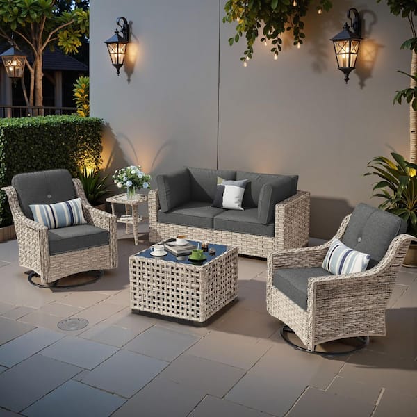 Coralia 6-Piece Wicker Outdoor Furniture Set Patio Conversation Sets With Black Cushion and Lighted Coffee Table