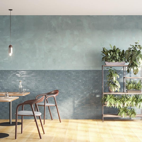 Virtuo River Blue 1.45 in. x 9.21 in. Polished Crackled Ceramic Subway Wall Tile (4.65 sq. ft./Case)