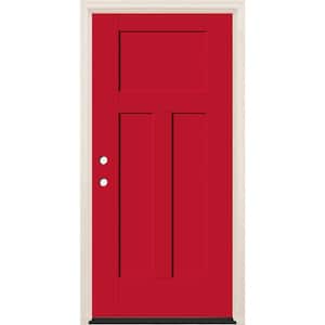 36 in. x 80 in. 3-Panel Craftsman Right-Hand Ruby Red Fiberglass Prehung Front Door w/4-9/16 in. Frame and Bronze Hinges