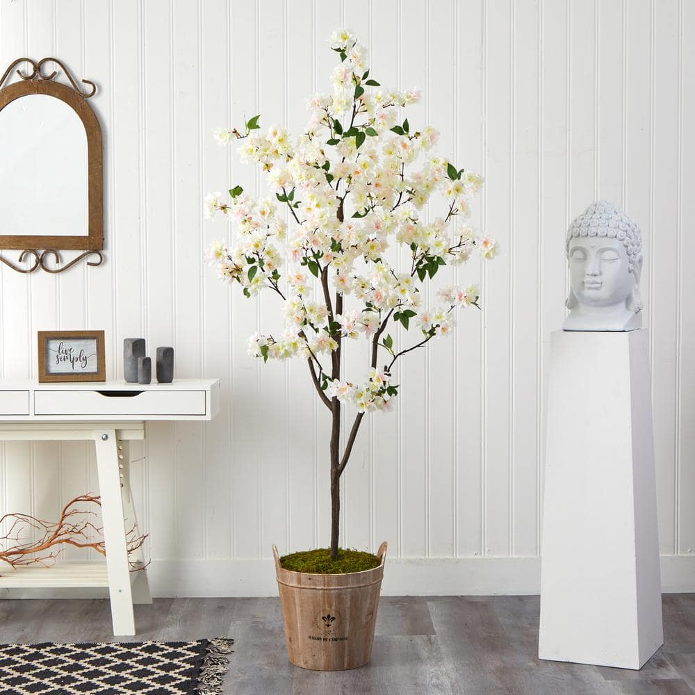 Nearly Natural 6 ft. Cherry Blossom Artificial Tree in Farmhouse Planter