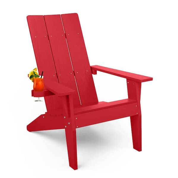 Oversize Modern Red Plastic Outdoor Patio Adirondack Chair with Cup Holder