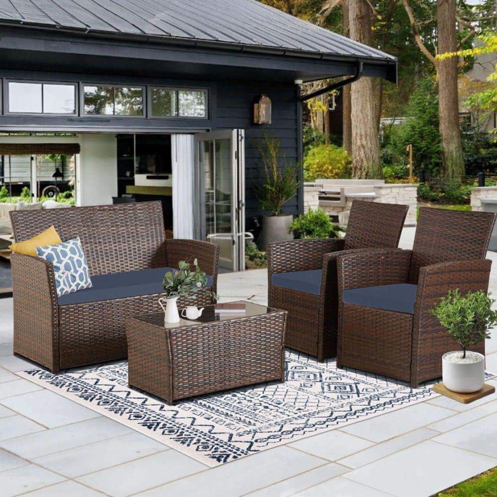 MIRAFIT 4-Piece Wicker Bistro Patio Conversation Set with Blue Cushions ...