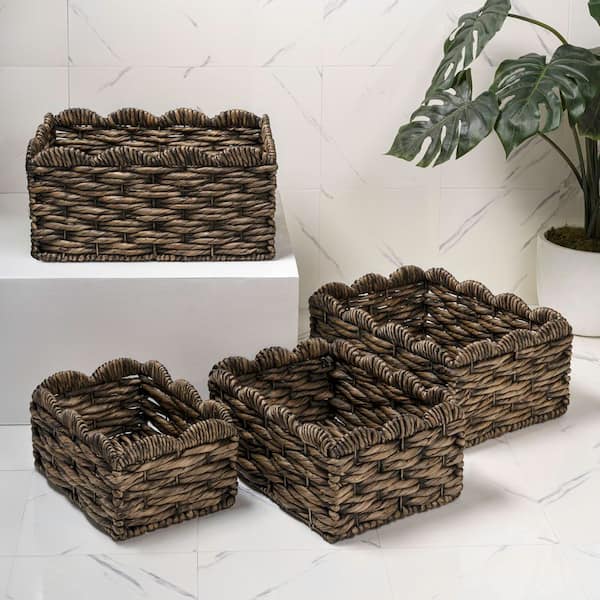 Coral Brown 19.29 in. x 9.06 in. Water Hyancinth Wicker Nesting Storage Decorative Basket, Brown (Set of 4)