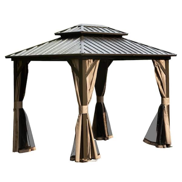 8 ft. x 10 ft. Brown Metal Hardtop Gazebo with Double Roof, Curtains and Netting for Party, Wedding, Backyard