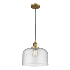 Bell 1-Light Brushed Brass Seedy Shaded Pendant Light with Seedy Glass Shade