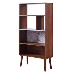 Kingston 28 in. Walnut Wooden 4 Shelf Bookcase with Faux Marble Shelf & Accents