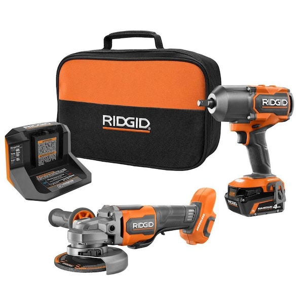 18V Brushless Cordless 2-Tool Combo Kit with High-Torque Impact Wrench, Angle Grinder, 4.0 Ah Battery, and Charger