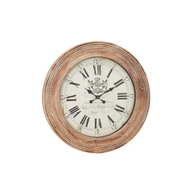 Oversized Round Black and White Wood Wall Clock with Roman Numerals and Decorative Crest