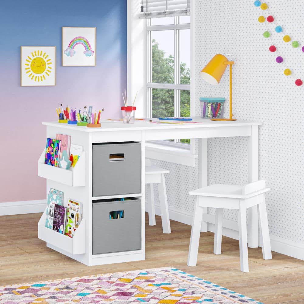 White Minimalist Children's Activity Table with Storage Bins