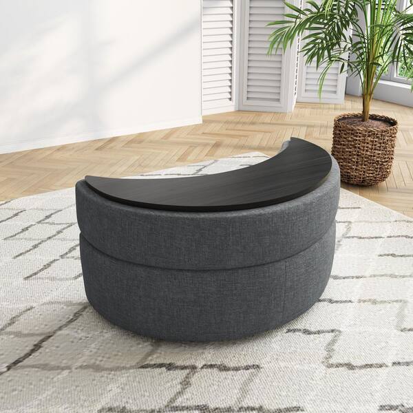 Uixe Modern Gray Chenille Half Crescent Moon Storage Ottoman (Set