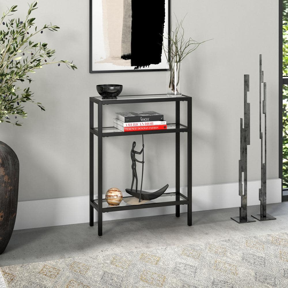 Compact Blackened Bronze 22" Metal & Glass Console Table with Shelves