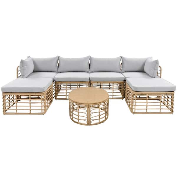 Sudzendf 7-Pieces Outdoor Patio Furniture, All-Weather Rattan Sectional Sofa Set with Gray Cushions