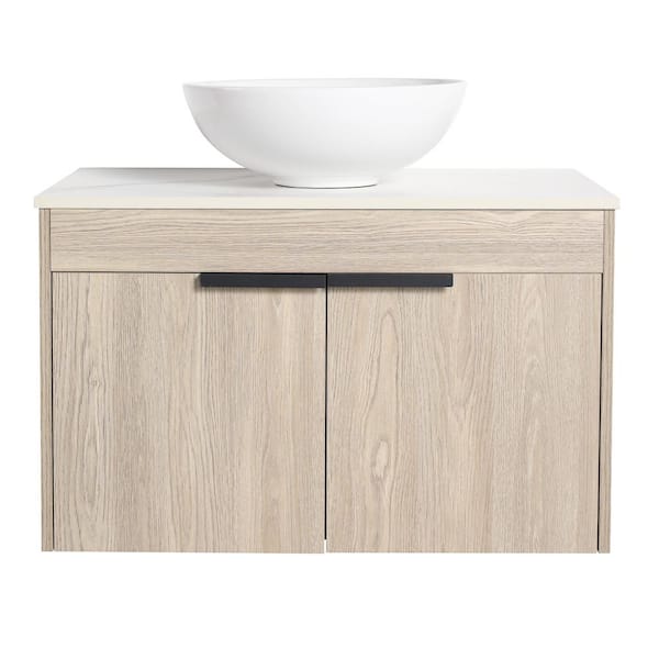 Xspracer Victoria 30 in. W x 19 in. D x 24 in. H Floating Single Sink Bath Vanity with Stone in White and Cabinet in Wood Top