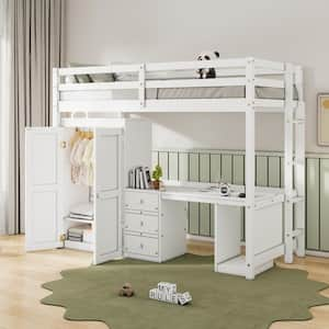 White Wooden Twin Size Loft Bed with Wardrobe, Desk and 3 Storage Drawers