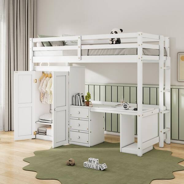 Harper & Bright Designs White Wooden Twin Size Loft Bed with Wardrobe, Desk and 3 Storage Drawers