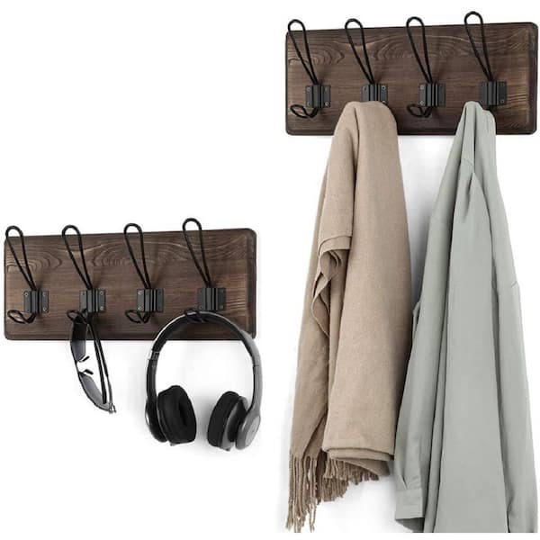 Oumilen 4-Hook Brown Wall Mounted Coat Rack 2-Wooden Entryway Vintage Rustic Coat Rack Hat Hanger Rack
