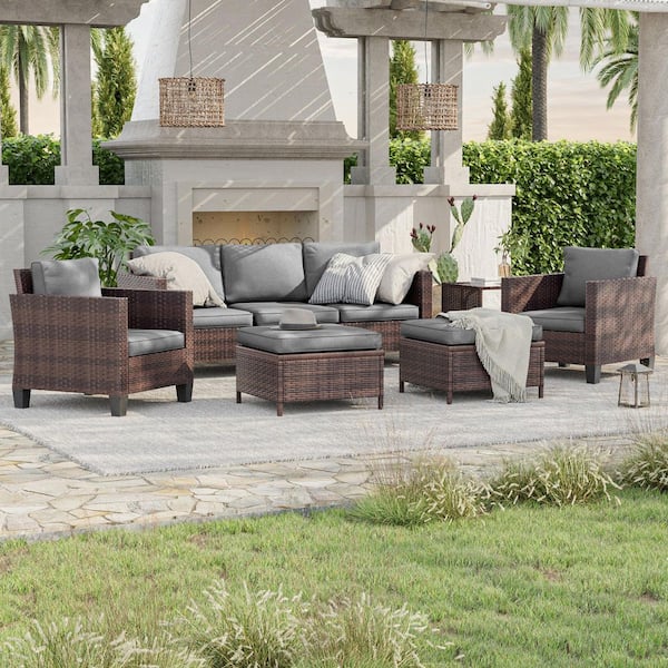 6-Piece Brown Wicker Outdoor Conversation Seating Sofa Set with Side Table, Gray Cushions