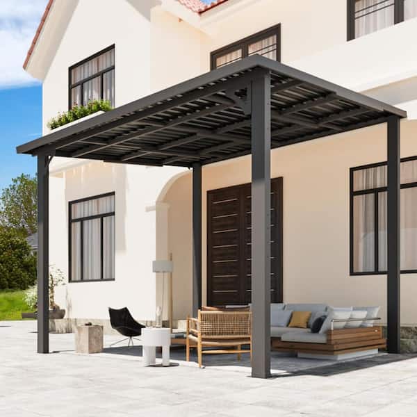 10 ft. x 8 ft. Black Hardtop Wall Mounted Gazebo with Sloping Roof