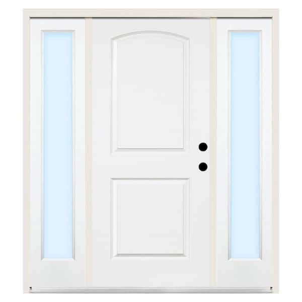 Steves & Sons 68 in. x 80 in. 2-Panel Arch Primed Steel Left-Hand Prehung Front Door w/ 14 in. Clear Glass Sidelite & 4 in. Wall