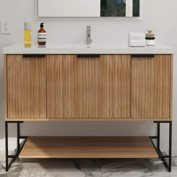 MYCASS BIG 48 in. W x 18 in. D x 35 in. H Geometric Freestanding Bathroom Vanity in Maple with White Single Sink Resin Top
