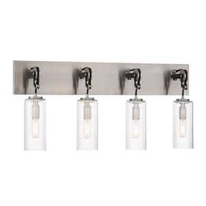 Pullman Junction 29 in. 4-Light Brushed Nickel and Black Vanity Light with Clear Glass Shades