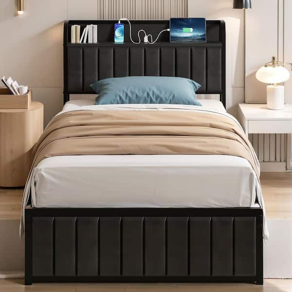 VECELO Twin Bed Frame, Black Metal Frame Platform Bed Upholstered Headboard with Storage Charging Station, Sturdy Metal Slats