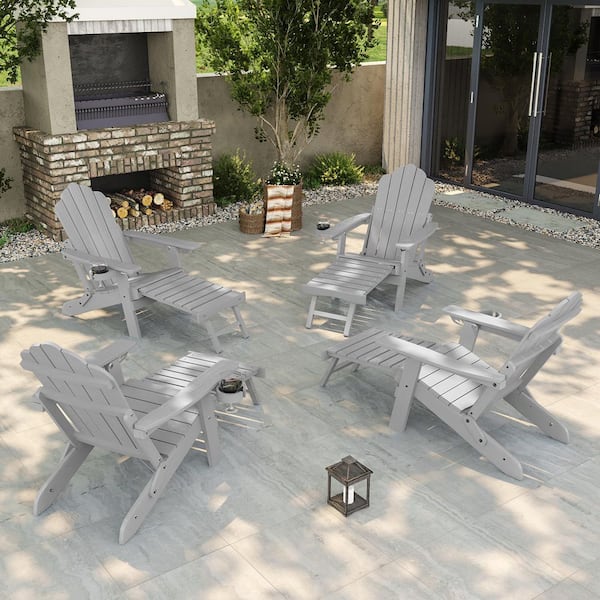 Light Gray Folding Adirondack Chair with Retractable Ottoman Fire Pit Patio Chair with Cup Holder (4-Pack)