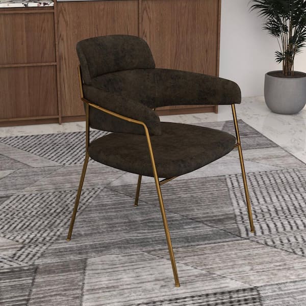 Leisuremod Upholstered Dining Chair in Leather Padded Open-Back and Side with Gold Stainless Steel Legs Axis Collection in Charcoal