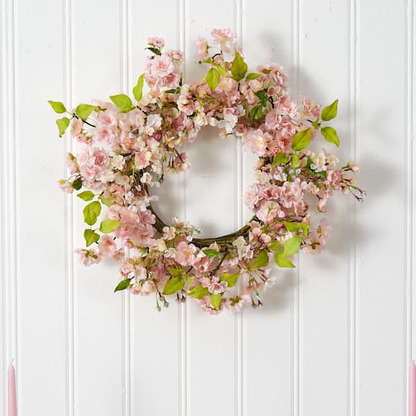 Nearly Natural 24-in. H Artificial Pink Cherry Blossom Wreath 4783