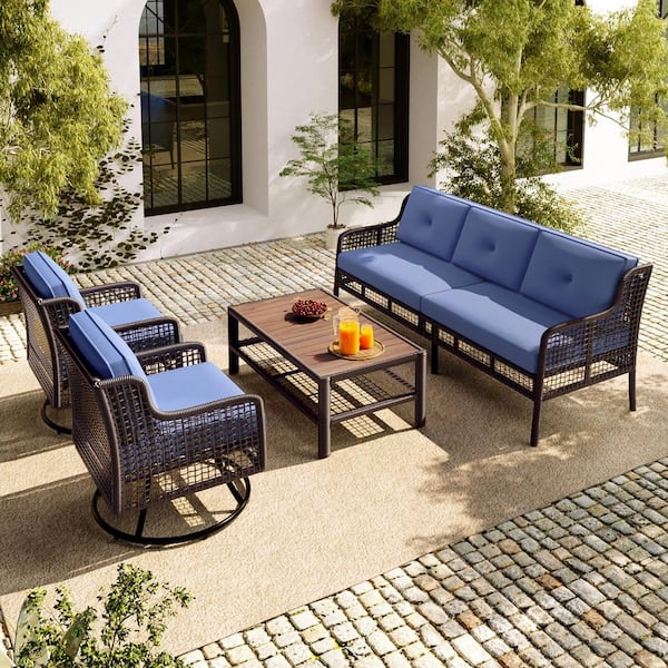 Harper & Bright Designs Dark Brown 4-Piece Wicker Rattan Patio Conversation Set with Swivel Chairs and Blue Cushions