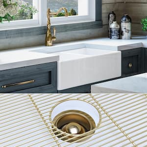 Luxury 33 in. Farmhouse/Apron-Front Double Bowl White Solid Fireclay Kitchen Sink with Matte Gold Accs and Flat Front