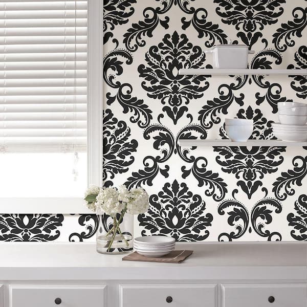 Ariel Black and White Damask Black Wallpaper Sample