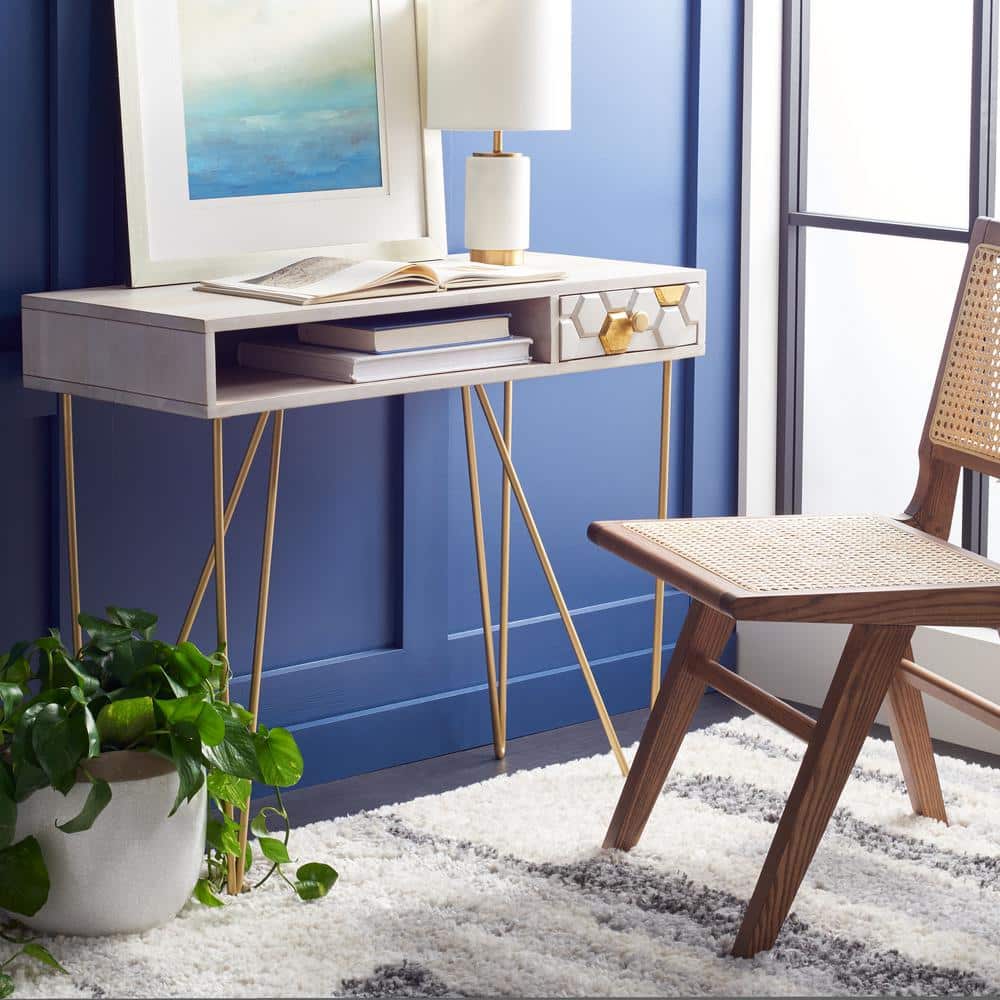 White and Brass Wood Writing Desk with Drawer