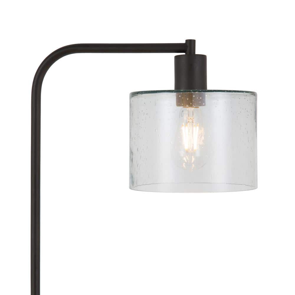 Bronzed Industrial Arc Floor Lamp with Seeded Glass Shade