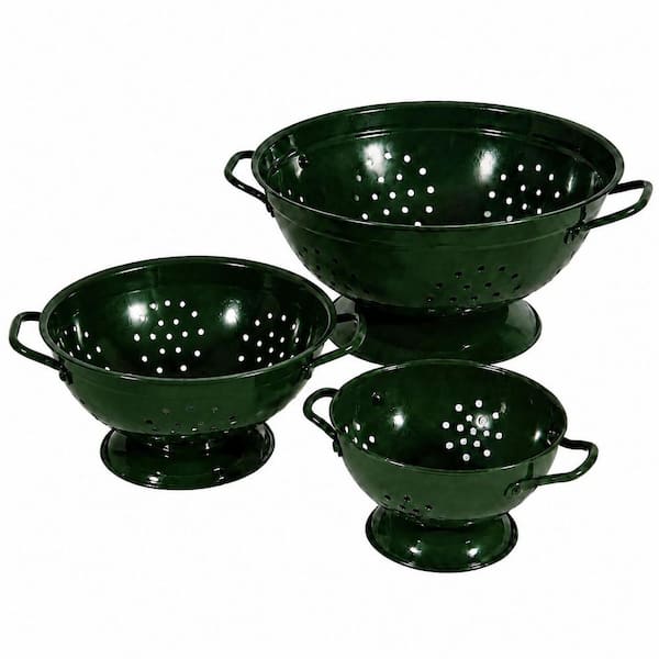 Metal Powder-Coated Colander Set with Handles, 3 Sizes, Dark Green, Includes Fine Mesh Cheesecloth Bags