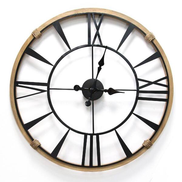Homeroots 29 5 Round Metal Wood Frame Columbus Wall Clock 373143 - Round Natural Wood Metal Wall Clock
