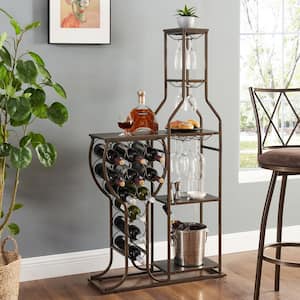 11-Bottle 5 Tier Freestanding Wine Rack with Hanging Wine Glass Holder and Storage Shelves, Wine Storage Home Bar Grey