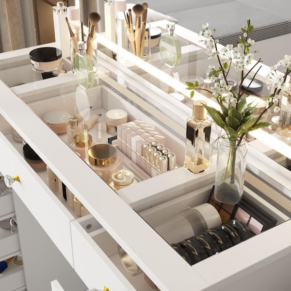FUFU&GAGA White Makeup Vanity Desk 11-Drawers Wood Dressing Table