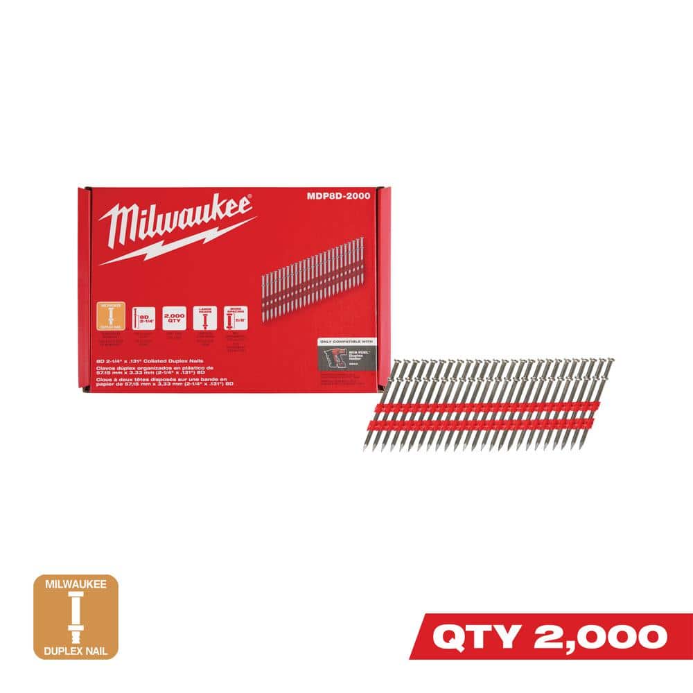Milwaukee 8D 21/4 in. x .131 in. Collated 21Degree Duplex Nails M18 FUEL Duplex Nailer (2000